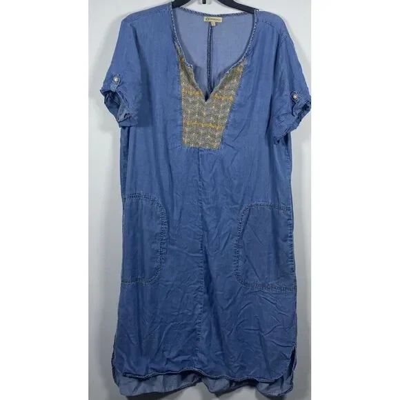 Democracy Womens Sz XL Boho Western Dress Denim Chambray Embroidered Lyocell - Picture 1 of 5